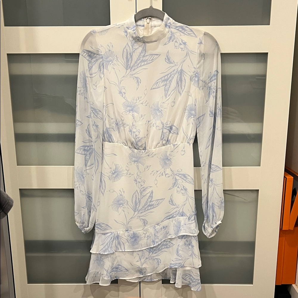 Express White and Blue Floral Long Sleeve Dress